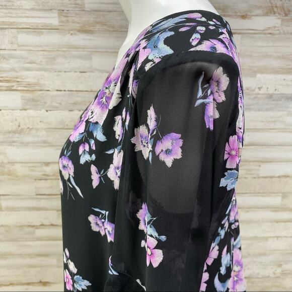 Nanette Lepore Zen Silk Floral Blouse Womens Size S Purple Black Bell Sleeve - Picture 7 of 16